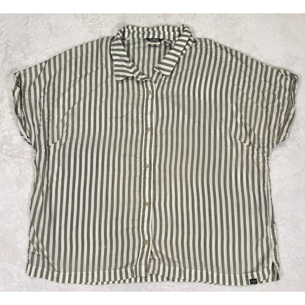 L.L. Bean Shirt Womens 2X Plus White Green Striped Casual Short Sleeve Button Up